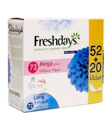 Freshdays Natural Cotton Feel Daily Pantyliners Long Mega Pack 52+20 Free